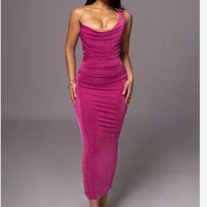JLUXLABEL Fuchsia One-Shoulder Ruched Midi Dress